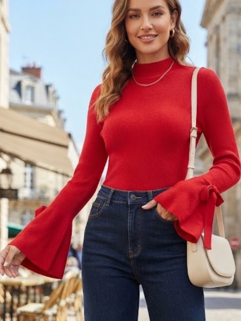 Red Rib-Knit Mock Turtleneck Sweater Top - Long Flare Bell Sleeves with Ties S